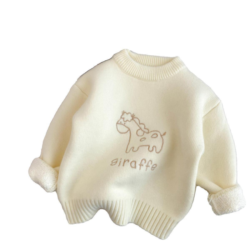 Pulover pentru fetițe din bumbac, căptușit cu fleece, guler rotund, mâneci lungi, stil de iarnă