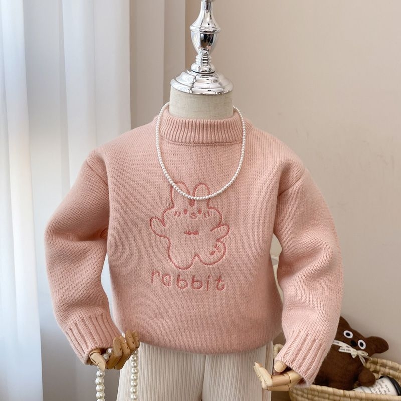 Pulover pentru fetițe din bumbac, căptușit cu fleece, guler rotund, mâneci lungi, stil de iarnă