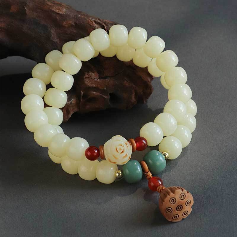 Kremasto žuti Bodhi korijen narukvica, unisex, budističke molitvene perle, dvostruke Bodhi abakus perle, dizajn lotosovog ploda