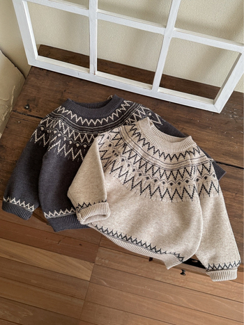 Pulover pentru copii cu jacquard Fair Isle, unisex, stil nordic, tricot toamnă iarnă, acril gros, guler rotund