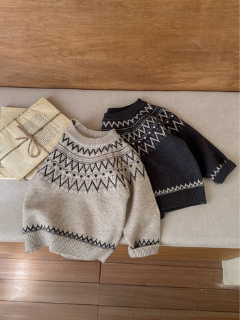 Pulover pentru copii cu jacquard Fair Isle, unisex, stil nordic, tricot toamnă iarnă, acril gros, guler rotund