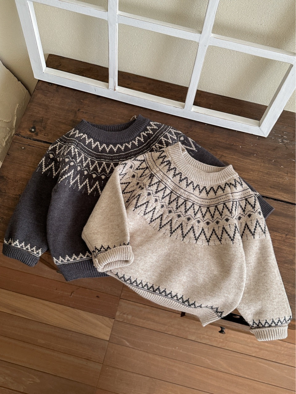 Pulover pentru copii cu jacquard Fair Isle, unisex, stil nordic, tricot toamnă iarnă, acril gros, guler rotund