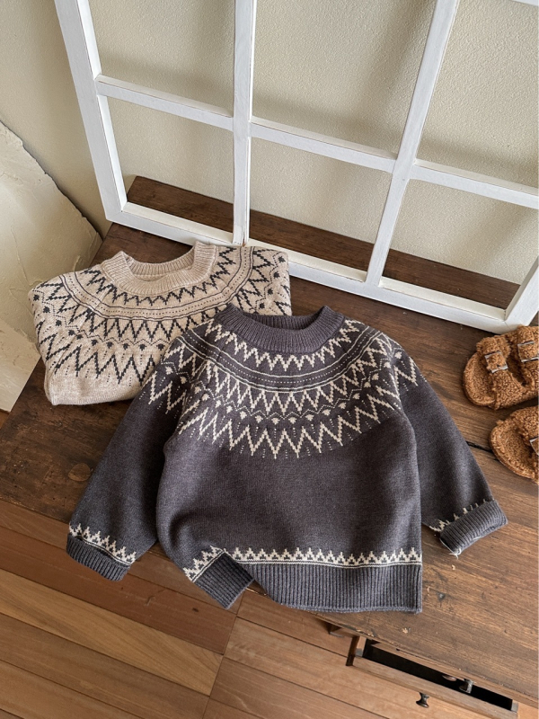Pulover pentru copii cu jacquard Fair Isle, unisex, stil nordic, tricot toamnă iarnă, acril gros, guler rotund