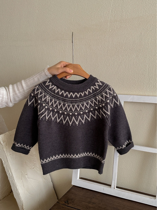 Pulover pentru copii cu jacquard Fair Isle, unisex, stil nordic, tricot toamnă iarnă, acril gros, guler rotund