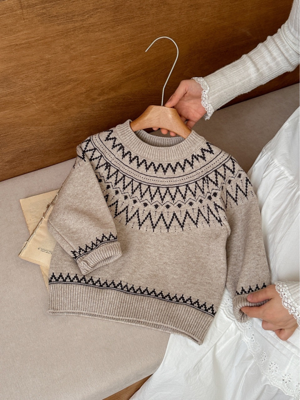 Pulover pentru copii cu jacquard Fair Isle, unisex, stil nordic, tricot toamnă iarnă, acril gros, guler rotund