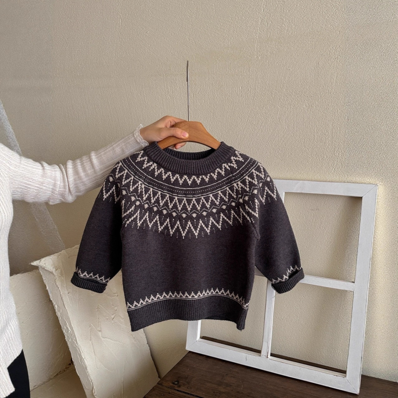 Pulover pentru copii cu jacquard Fair Isle, unisex, stil nordic, tricot toamnă iarnă, acril gros, guler rotund