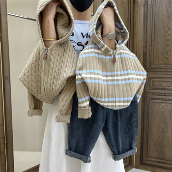 Cardigan tricotat pentru copii cu fermoar – model dungat, stil coreean, mâneci lungi, unisex, pentru copii 3–8 ani, toamnă-iarnă