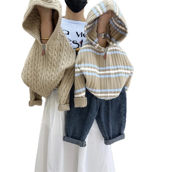 Cardigan tricotat pentru copii cu fermoar – model dungat, stil coreean, mâneci lungi, unisex, pentru copii 3–8 ani, toamnă-iarnă