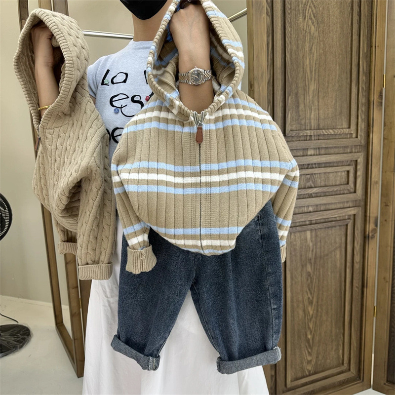 Cardigan tricotat pentru copii cu fermoar – model dungat, stil coreean, mâneci lungi, unisex, pentru copii 3–8 ani, toamnă-iarnă