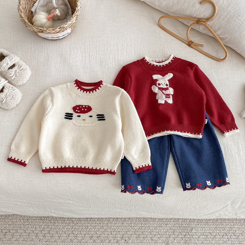 Dječji džemper u korejskom stilu s crtani motivom, debeli akrilni pleteni materijal (45% akril, 25% najlon, 30% PBT), za uzrast 3–8 godina, zima i jesen