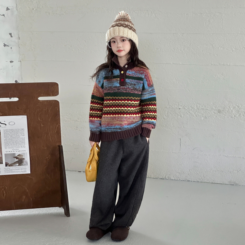 Duoru dječji pulover, korejski stil, 80% pamuk, debeli pleteni materijal, ovratnik s klopom, dugi rukavi
