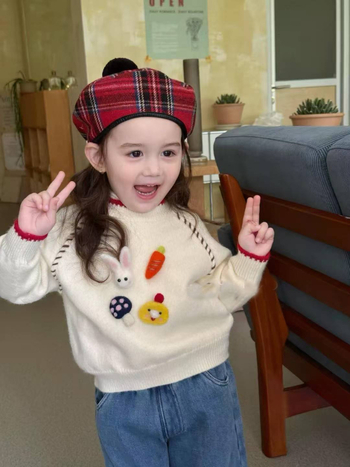 Dječji pulover za djevojčice u korejskom stilu - duga rukava, debeli pleteni pamuk, karikaturni uzorak