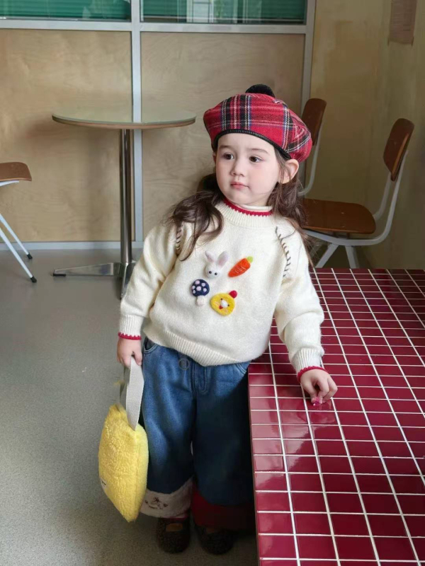 Dječji pulover za djevojčice u korejskom stilu - duga rukava, debeli pleteni pamuk, karikaturni uzorak