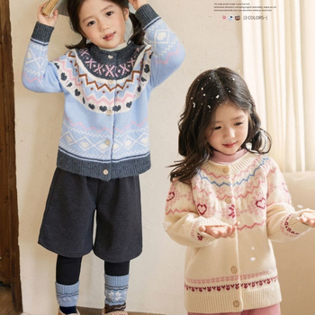Dječji pleteni kardigan, retro stil, Fair Isle uzorak u kontrastnim bojama, dugi rukavi, okrugli ovratnik