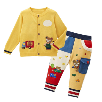 Pulover tricotat pentru copii cu glugă în stil japonez, cu motiv urs și iepuraș, 85% bumbac, mâneci lungi, închidere cu nasturi simpli, toamnă-iarnă 2024.