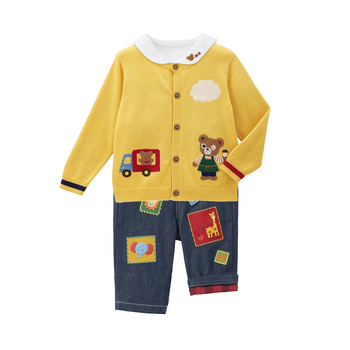 Pulover tricotat pentru copii cu glugă în stil japonez, cu motiv urs și iepuraș, 85% bumbac, mâneci lungi, închidere cu nasturi simpli, toamnă-iarnă 2024.