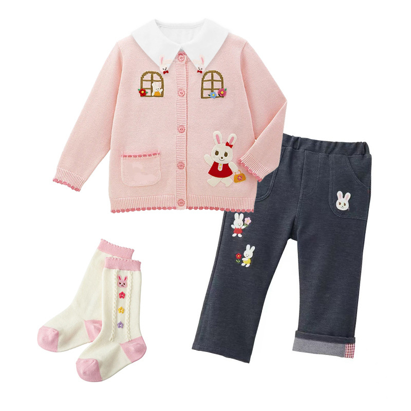 Pulover tricotat pentru copii cu glugă în stil japonez, cu motiv urs și iepuraș, 85% bumbac, mâneci lungi, închidere cu nasturi simpli, toamnă-iarnă 2024.