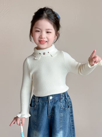 Момичешки трикотажен топ с кръгла яка (Кореански стил; 55% акрил; дебел плетен трикотаж; кръгла яка; дълги ръкави)