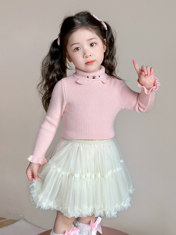 Момичешки трикотажен топ с кръгла яка (Кореански стил; 55% акрил; дебел плетен трикотаж; кръгла яка; дълги ръкави)