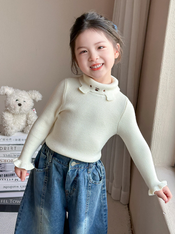 Момичешки трикотажен топ с кръгла яка (Кореански стил; 55% акрил; дебел плетен трикотаж; кръгла яка; дълги ръкави)