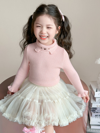 Момичешки трикотажен топ с кръгла яка (Кореански стил; 55% акрил; дебел плетен трикотаж; кръгла яка; дълги ръкави)