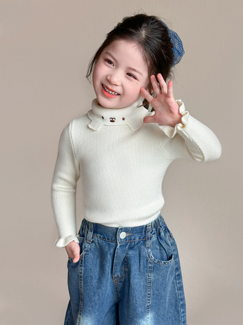 Момичешки трикотажен топ с кръгла яка (Кореански стил; 55% акрил; дебел плетен трикотаж; кръгла яка; дълги ръкави)