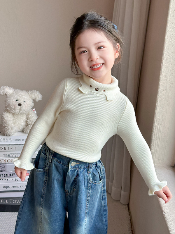 Момичешки трикотажен топ с кръгла яка (Кореански стил; 55% акрил; дебел плетен трикотаж; кръгла яка; дълги ръкави)