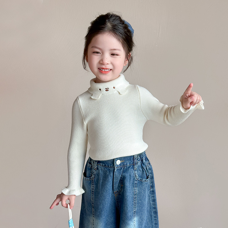 Момичешки трикотажен топ с кръгла яка (Кореански стил; 55% акрил; дебел плетен трикотаж; кръгла яка; дълги ръкави)