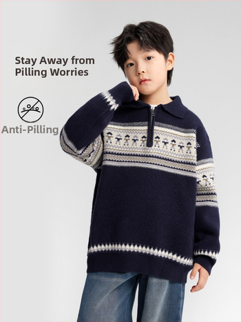 Pulover copii Fair Isle polo, cu dungi, mâneci lungi, acrilic 58%, iarnă 2025