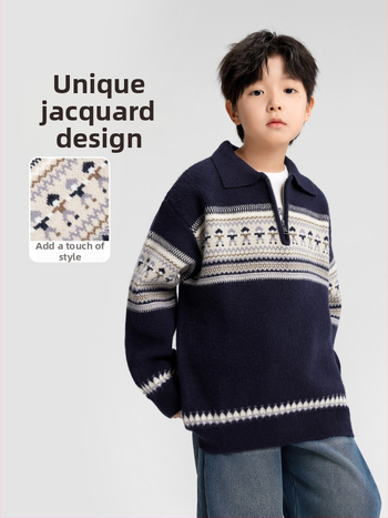 Pulover copii Fair Isle polo, cu dungi, mâneci lungi, acrilic 58%, iarnă 2025