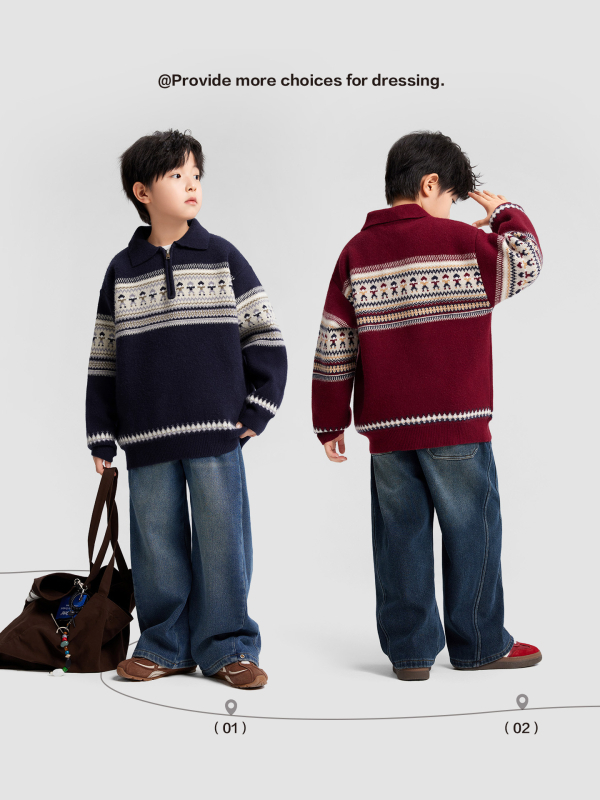 Pulover copii Fair Isle polo, cu dungi, mâneci lungi, acrilic 58%, iarnă 2025