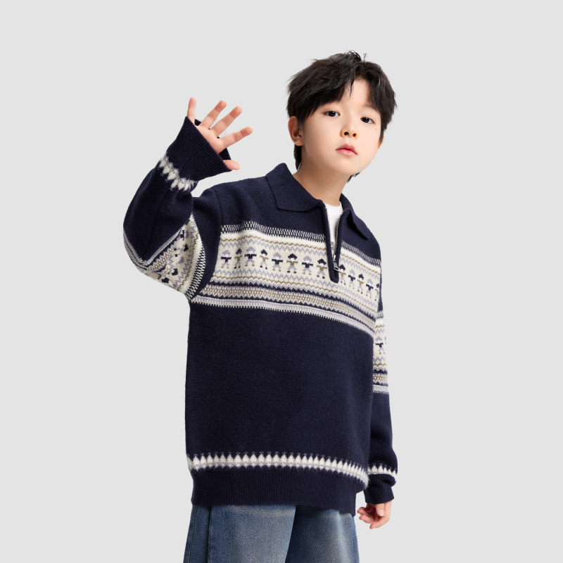 Pulover copii Fair Isle polo, cu dungi, mâneci lungi, acrilic 58%, iarnă 2025