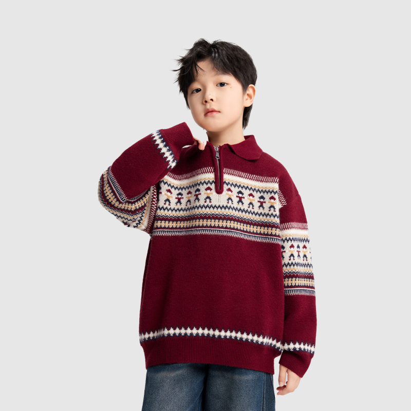 Pulover copii Fair Isle polo, cu dungi, mâneci lungi, acrilic 58%, iarnă 2025