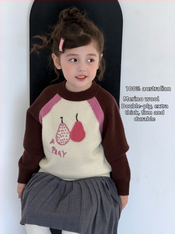 Pulover pentru fete din lână 100% cu model Cartoon-Flower, mâneci lungi, guler rotund, peste cap, pentru copii 3–8 ani