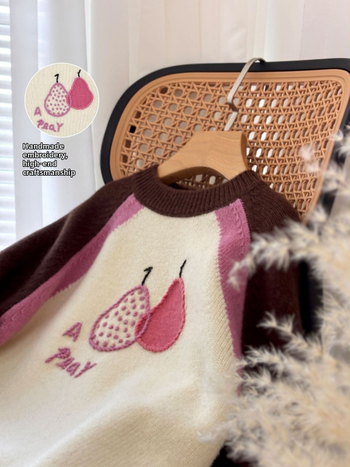 Pulover pentru fete din lână 100% cu model Cartoon-Flower, mâneci lungi, guler rotund, peste cap, pentru copii 3–8 ani