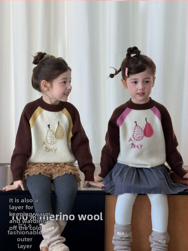 Pulover pentru fete din lână 100% cu model Cartoon-Flower, mâneci lungi, guler rotund, peste cap, pentru copii 3–8 ani