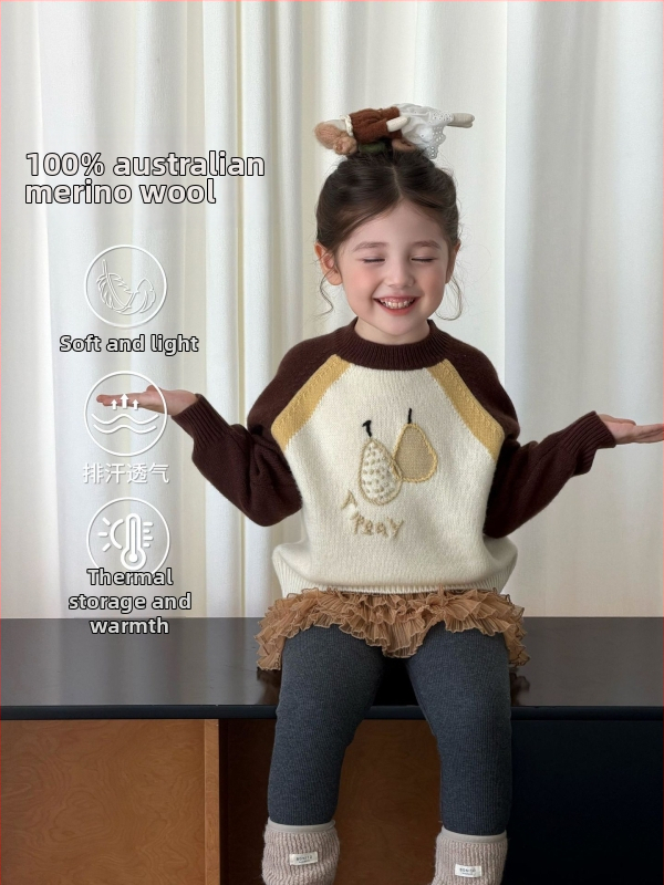 Pulover pentru fete din lână 100% cu model Cartoon-Flower, mâneci lungi, guler rotund, peste cap, pentru copii 3–8 ani