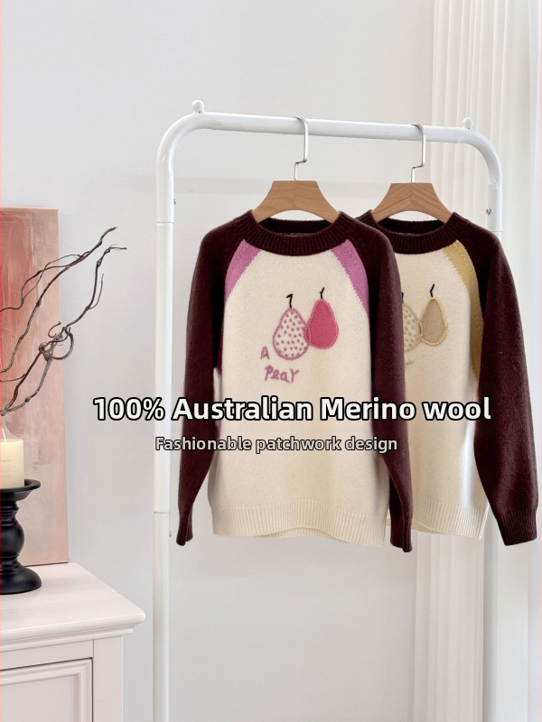 Pulover pentru fete din lână 100% cu model Cartoon-Flower, mâneci lungi, guler rotund, peste cap, pentru copii 3–8 ani