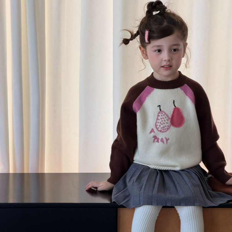 Pulover pentru fete din lână 100% cu model Cartoon-Flower, mâneci lungi, guler rotund, peste cap, pentru copii 3–8 ani