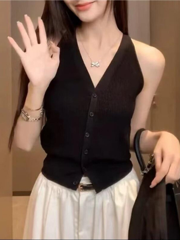 CGRFCM Slim poliester bez rukava kardigan top s V-izrezom, jednostavan uzorak, kratka duljina, ljeto 2024