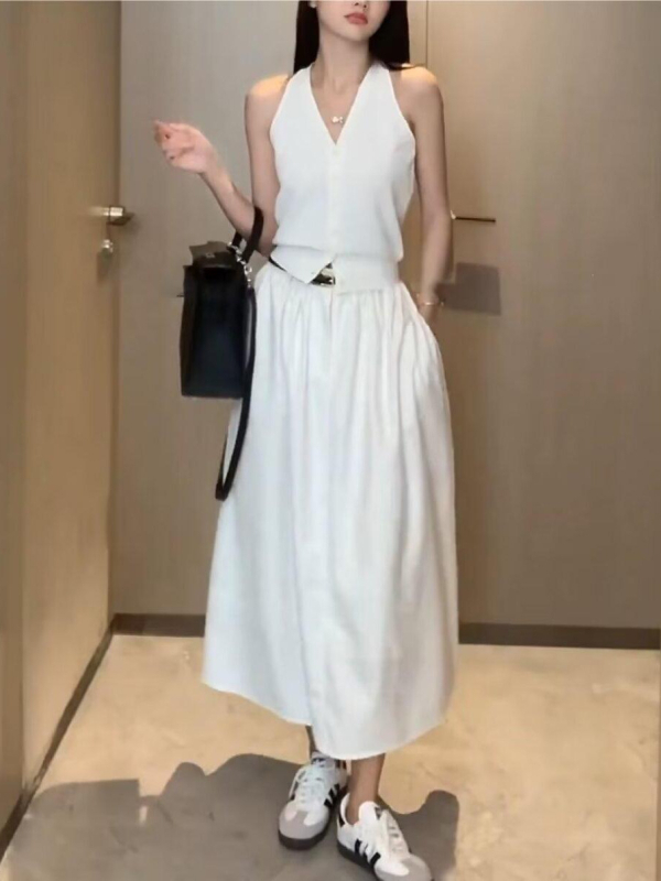 CGRFCM Slim poliester bez rukava kardigan top s V-izrezom, jednostavan uzorak, kratka duljina, ljeto 2024