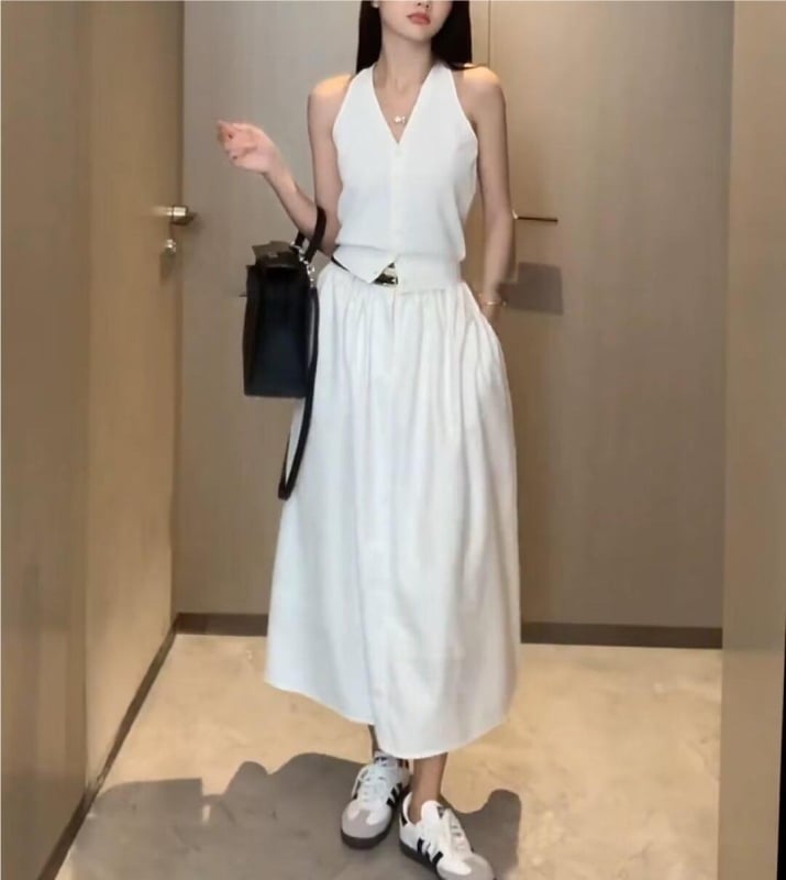 CGRFCM Slim poliester bez rukava kardigan top s V-izrezom, jednostavan uzorak, kratka duljina, ljeto 2024