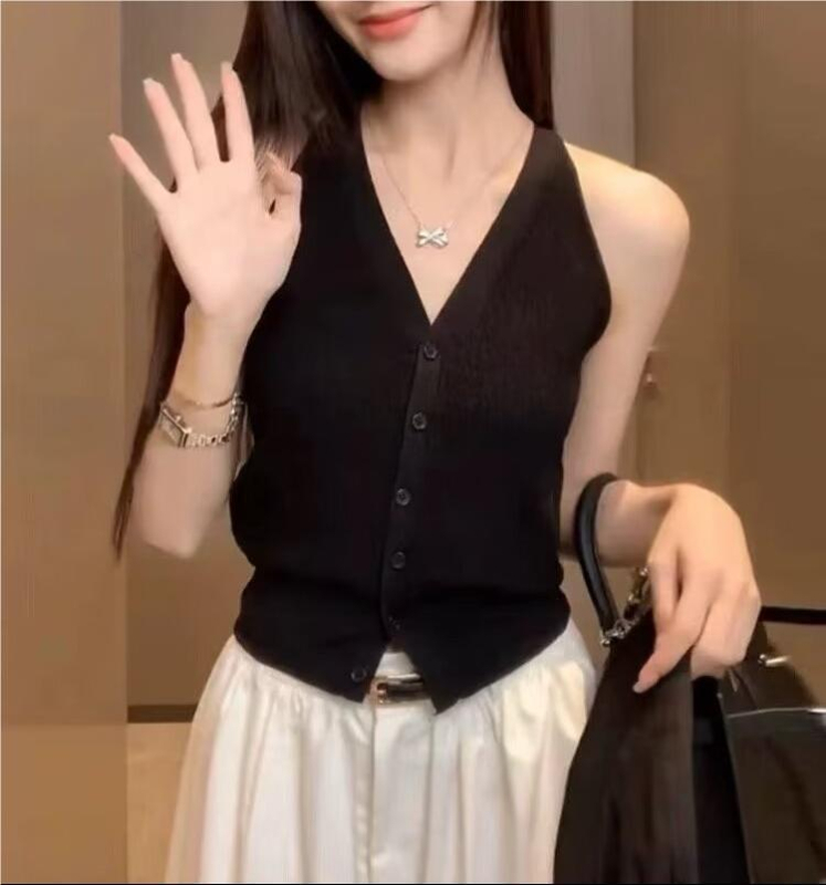 CGRFCM Slim poliester bez rukava kardigan top s V-izrezom, jednostavan uzorak, kratka duljina, ljeto 2024