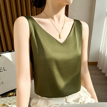 Γυναικείο αμάνικο τοπ από σατέν ακετάτ (acetate satin), Καλοκαίρι 2025, ιαπωνο-κορεατικό casual στυλ, κανονική γραμμή, μήκος 50–65 cm, σύνθεση υφάσματος: 30–50% ινών ακετάτης και 30–50% πολυεστέρα