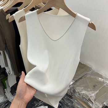 Ženska bez rukava Ice Silk pletena vesta, I-oblik stila, udoban kroj, V izrez, jednobojna tkanina od pamuk-mešavine, duljina 50–65 cm