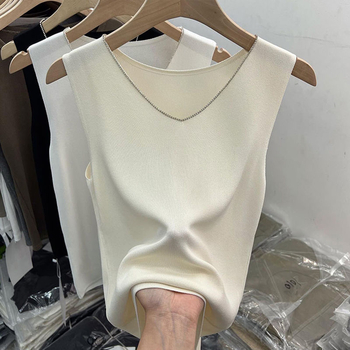 Ženska bez rukava Ice Silk pletena vesta, I-oblik stila, udoban kroj, V izrez, jednobojna tkanina od pamuk-mešavine, duljina 50–65 cm