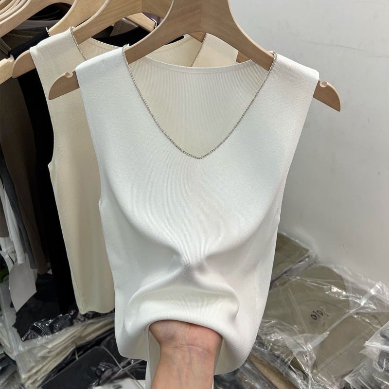 Ženska bez rukava Ice Silk pletena vesta, I-oblik stila, udoban kroj, V izrez, jednobojna tkanina od pamuk-mešavine, duljina 50–65 cm