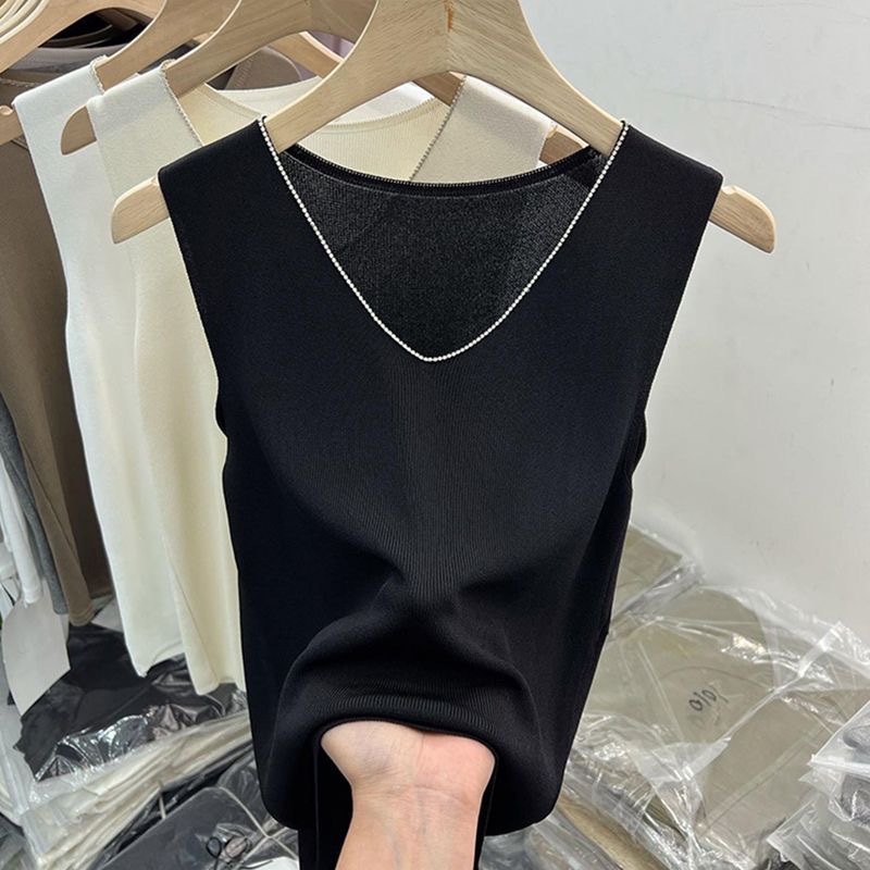 Ženska bez rukava Ice Silk pletena vesta, I-oblik stila, udoban kroj, V izrez, jednobojna tkanina od pamuk-mešavine, duljina 50–65 cm
