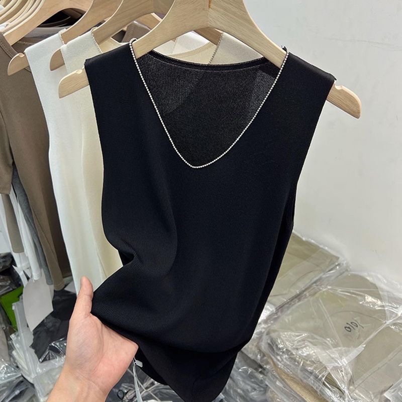 Ženska bez rukava Ice Silk pletena vesta, I-oblik stila, udoban kroj, V izrez, jednobojna tkanina od pamuk-mešavine, duljina 50–65 cm