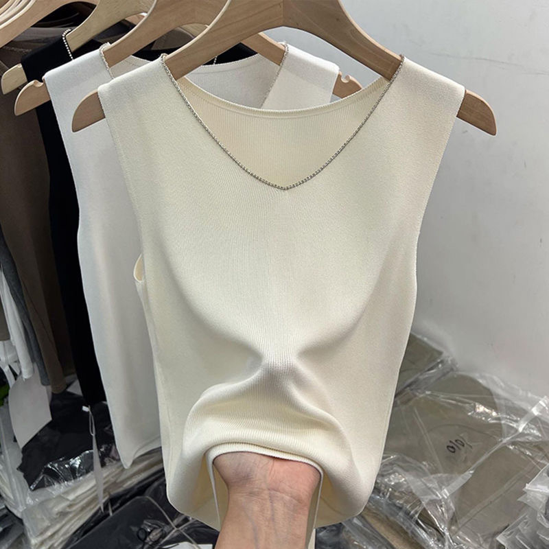Ženska bez rukava Ice Silk pletena vesta, I-oblik stila, udoban kroj, V izrez, jednobojna tkanina od pamuk-mešavine, duljina 50–65 cm